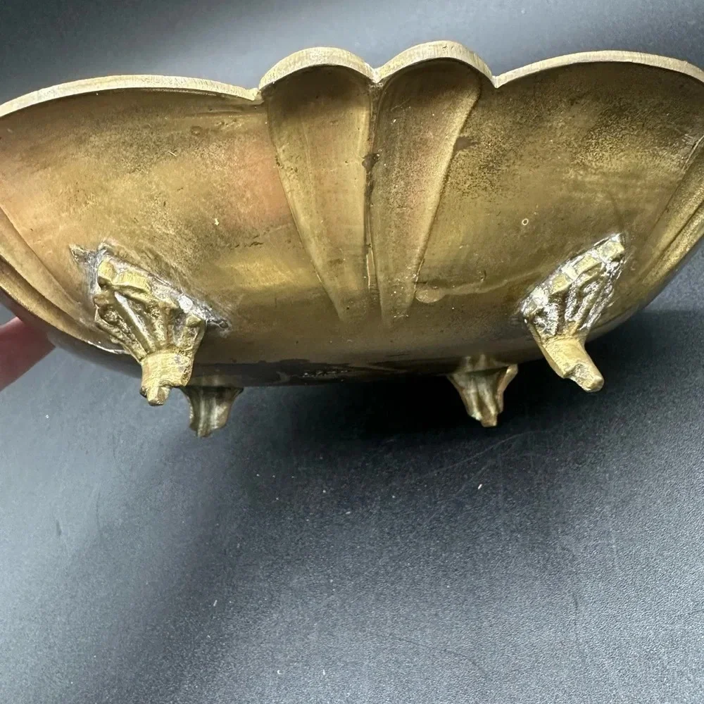 Vintage Etched Brass Footed Dish Bowl Trinket Catchall Decor
